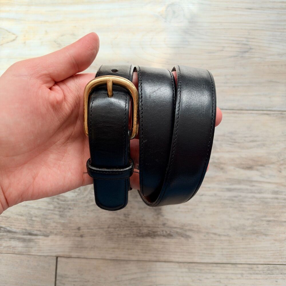 Lands’ End Made in USA Black Leather Belt Size 36 Gold Tone Buckle Classic Vinta